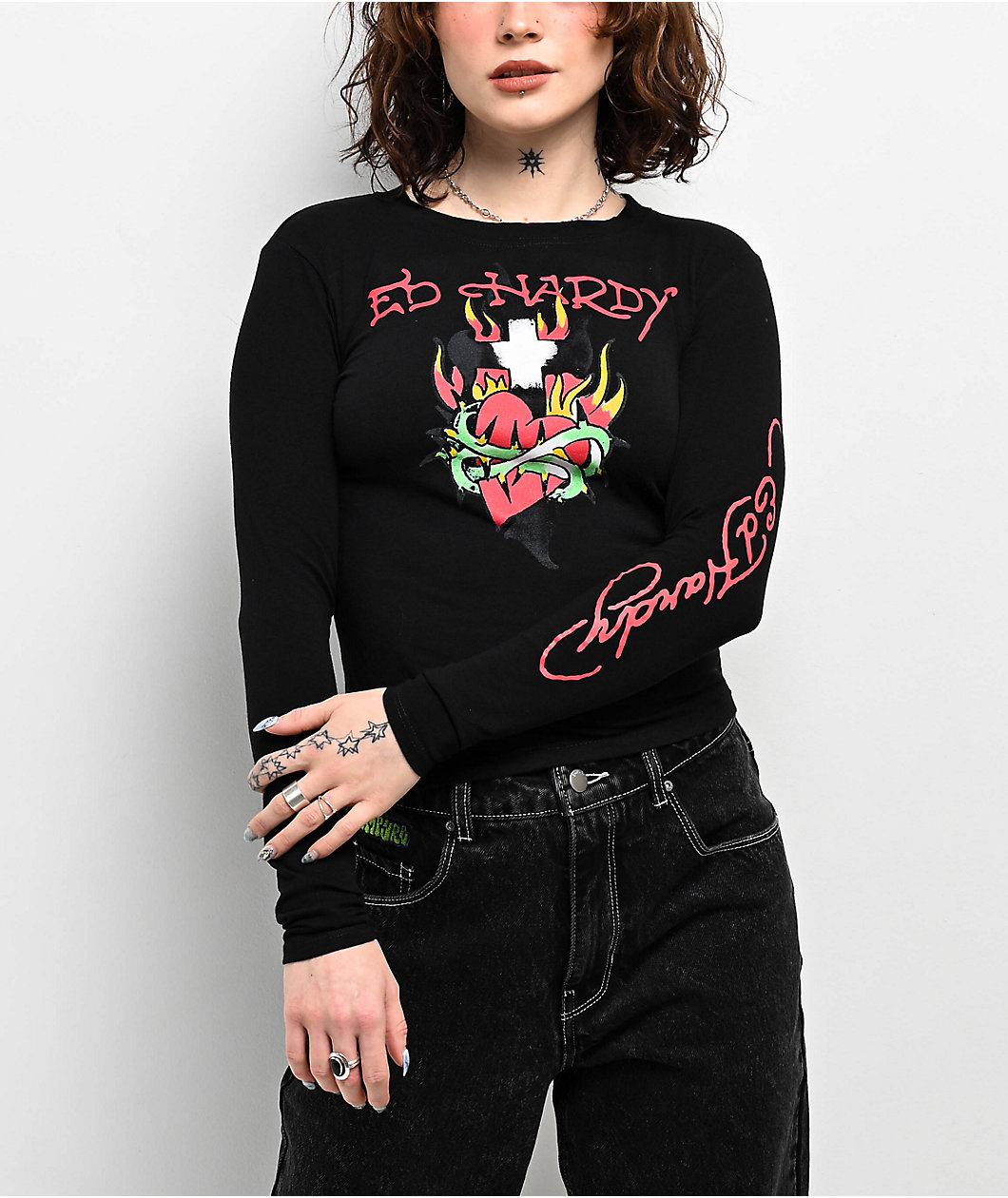 Ed Hardy Cross Heart Black Long Sleeve Crop T-Shirt