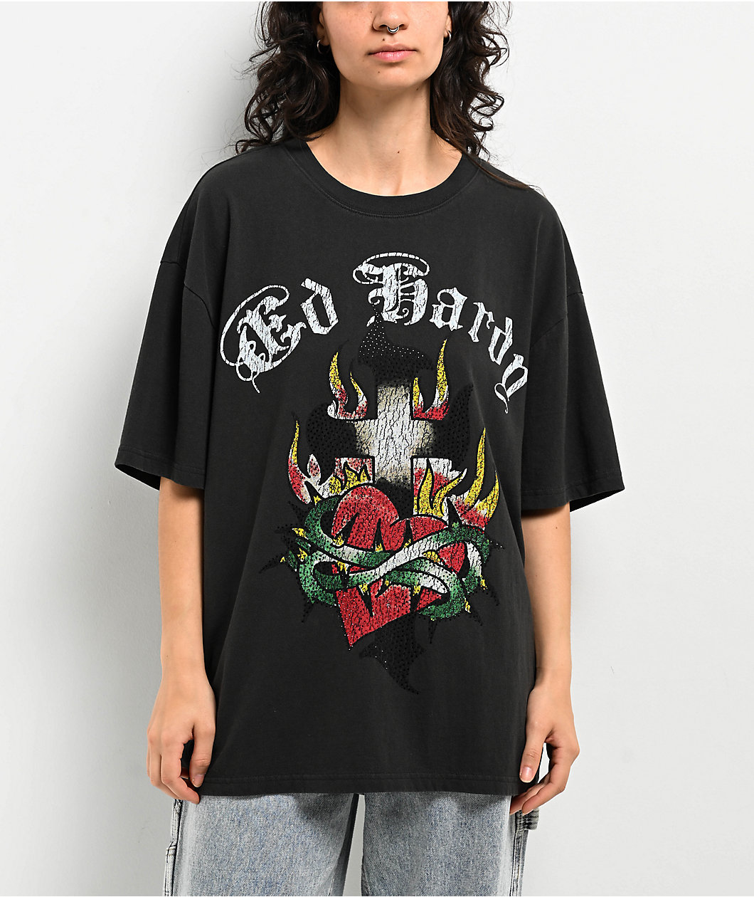 Ed Hardy Cross Heart Charcoal Boxy T-Shirt