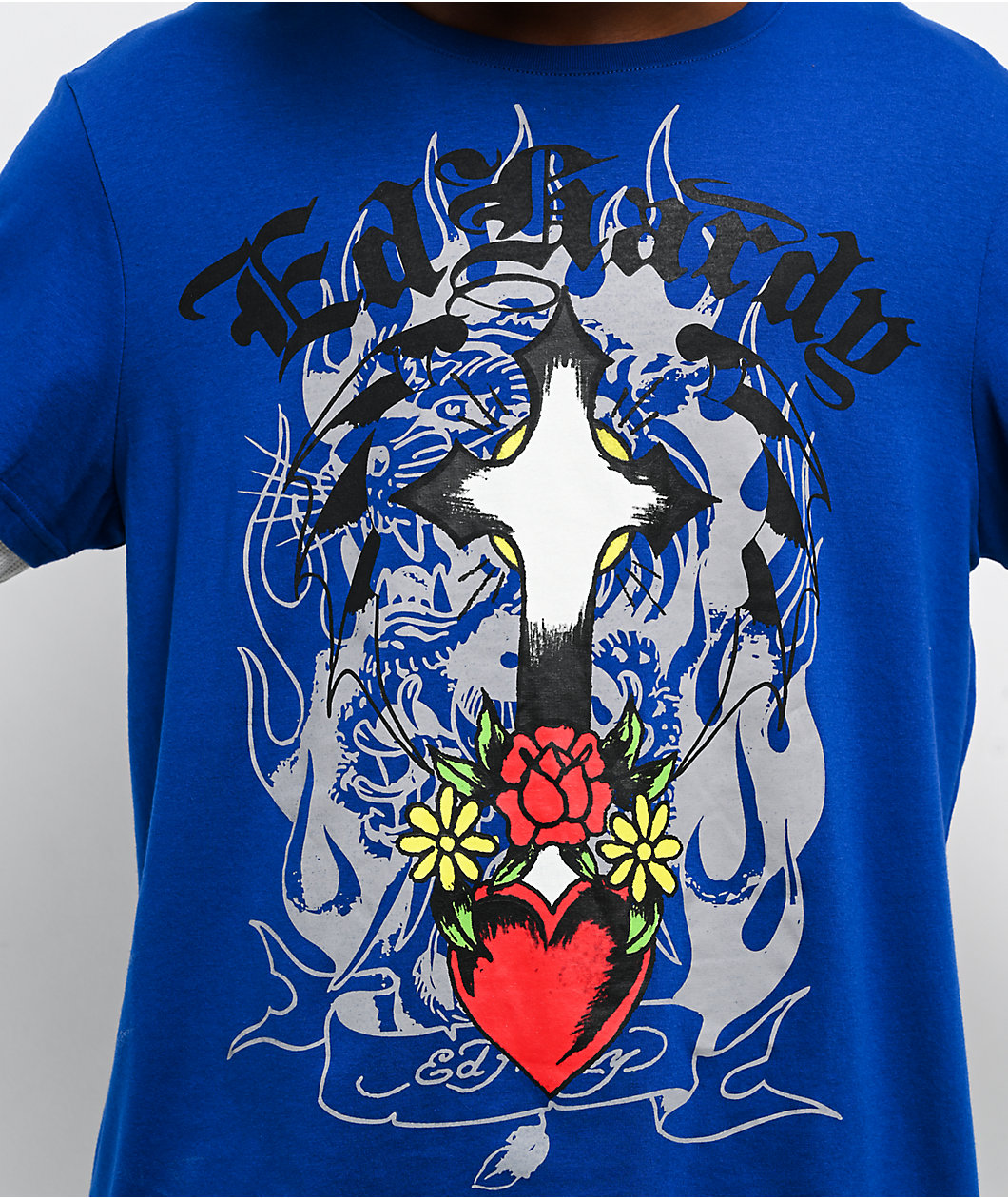 Ed Hardy Cross Heart French Blue & White 2fer Long Sleeve T-Shirt