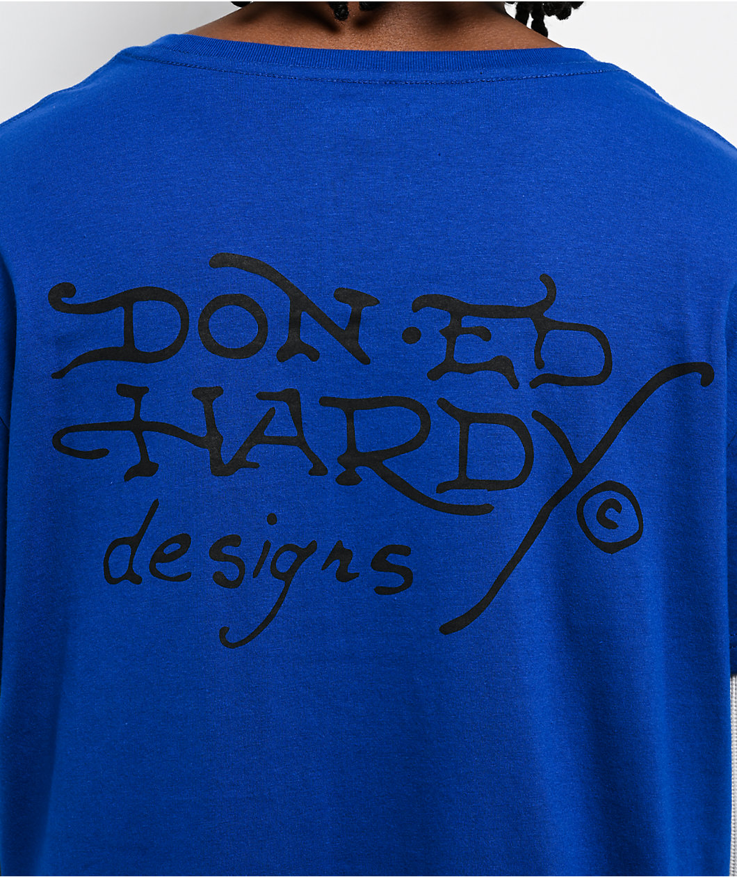 Ed Hardy Cross Heart French Blue & White 2fer Long Sleeve T-Shirt