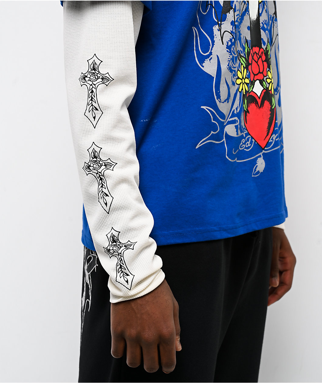 Ed Hardy Cross Heart French Blue & White 2fer Long Sleeve T-Shirt