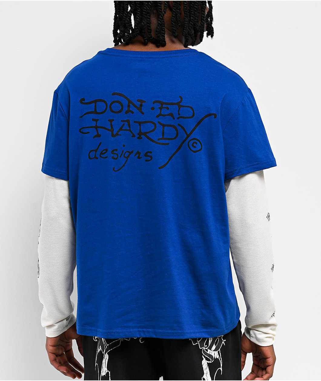 Ed Hardy Cross Heart French Blue & White 2fer Long Sleeve T-Shirt