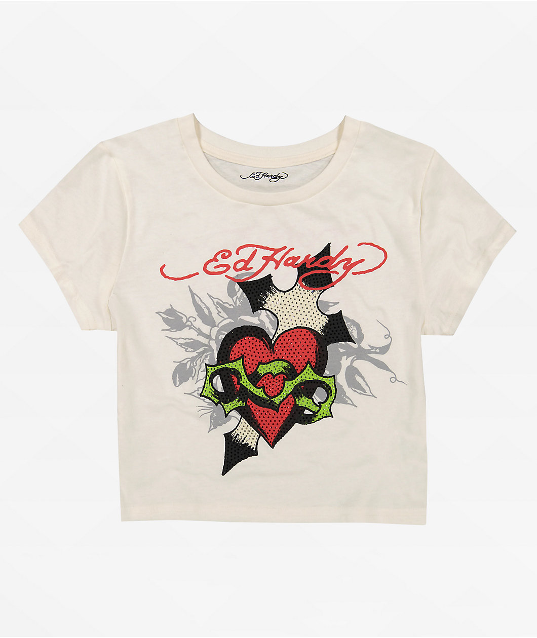 Ed Hardy Cross Heart Ivory Crop T-Shirt
