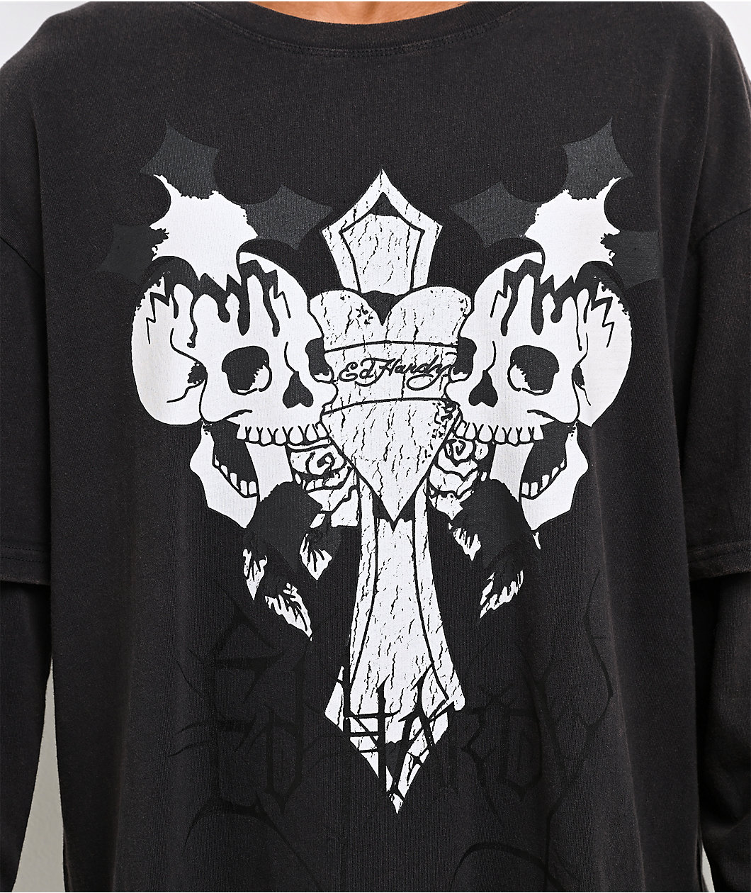 Ed Hardy Cross Skull Black Wash 2fer Long Sleeve T-Shirt
