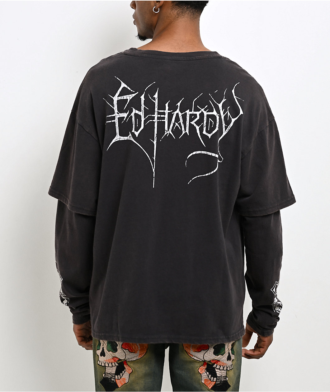 Ed Hardy Cross Skull Black Wash 2fer Long Sleeve T-Shirt