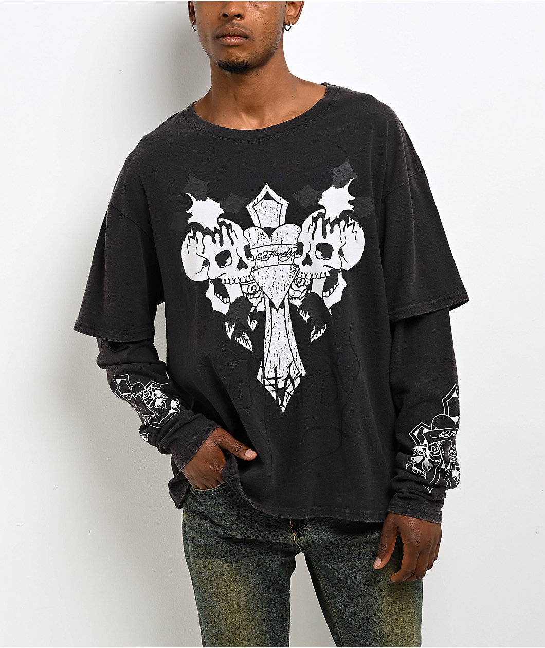 Ed Hardy Cross Skull Black Wash 2fer Long Sleeve T-Shirt