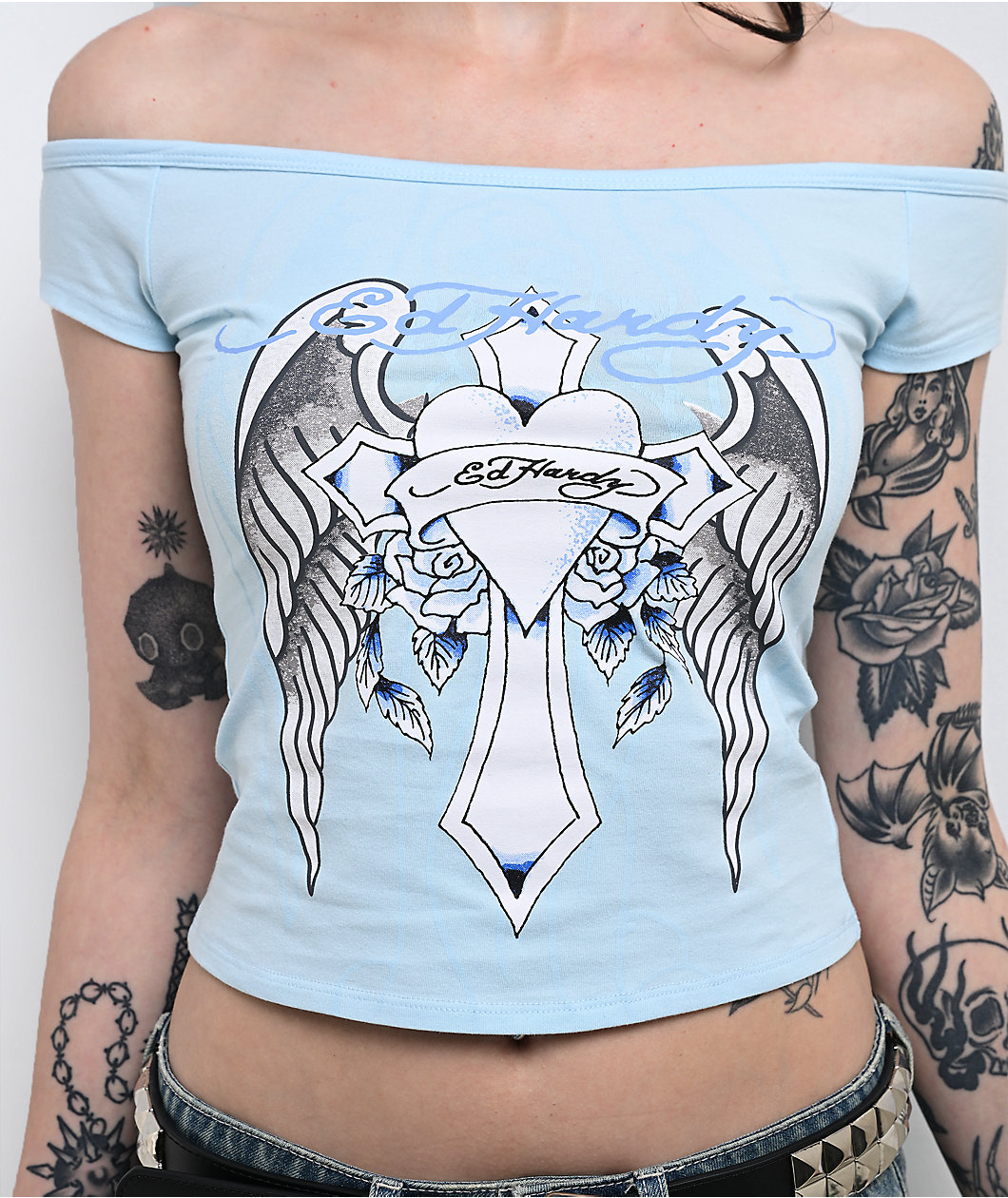 Ed Hardy Cross Wings Off Shoulder Blue Crop T-Shirt