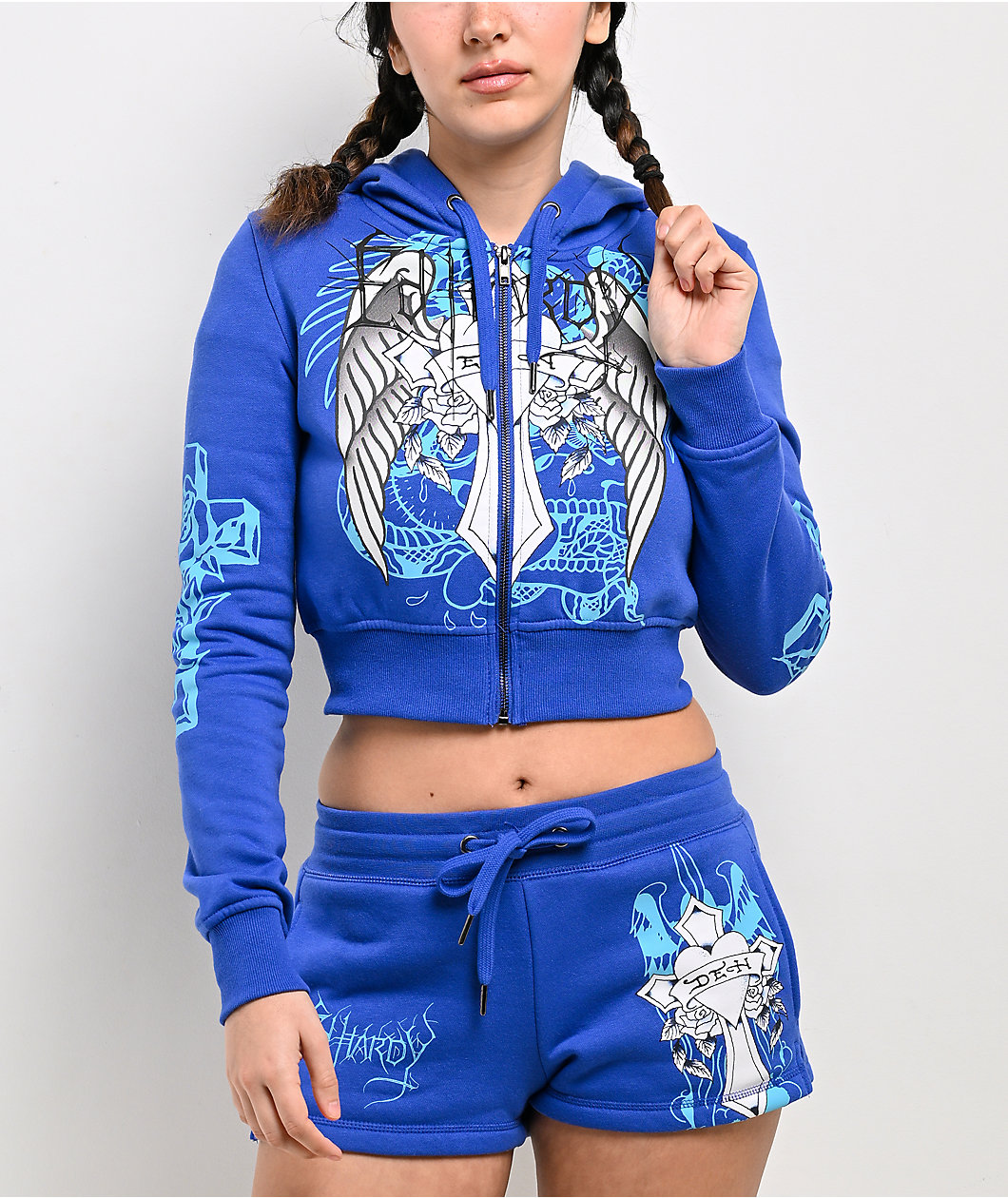 Ed Hardy Cross Wings Royal Blue Crop Zip Hoodie