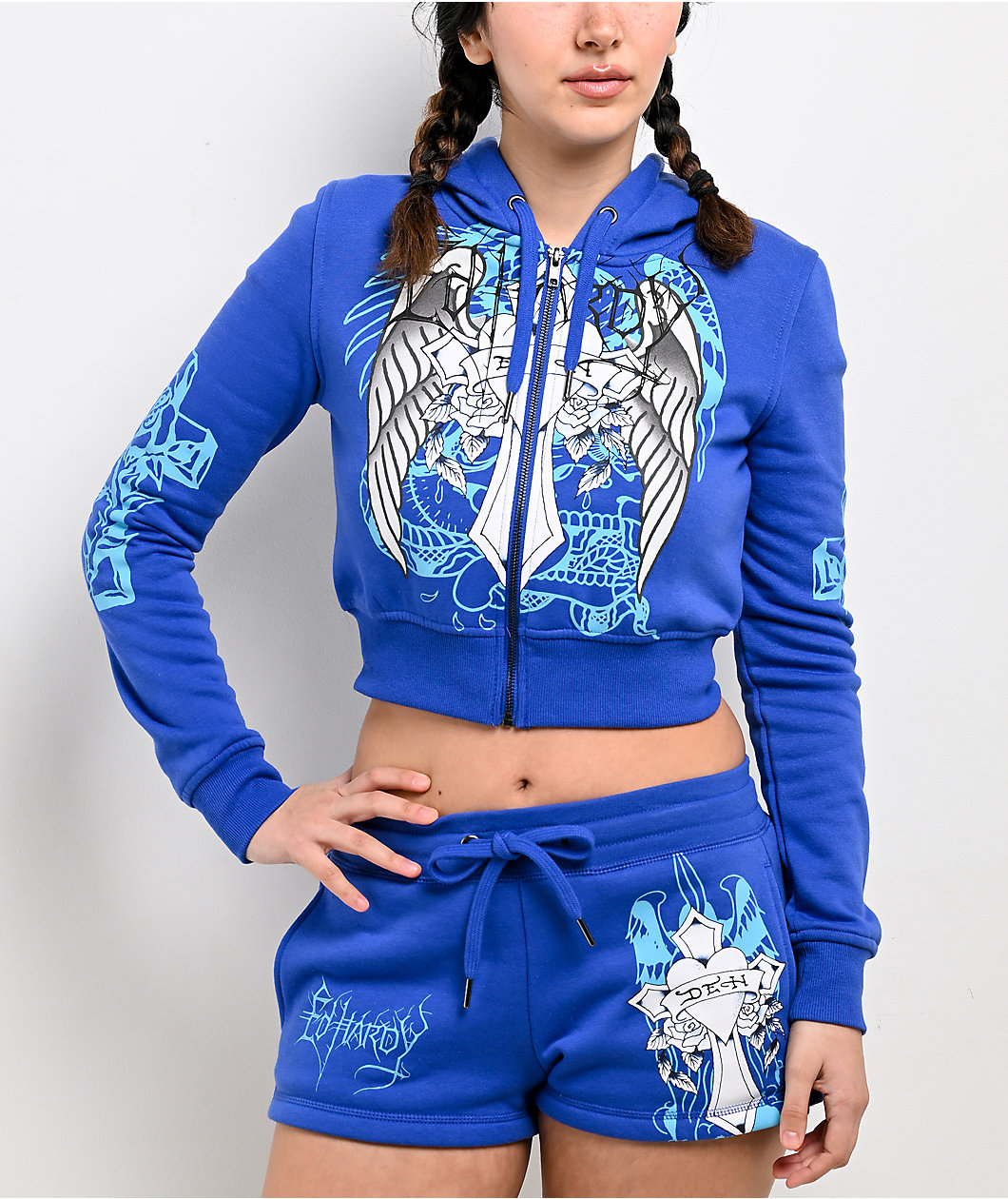 Ed Hardy Cross Wings Royal Blue Crop Zip Hoodie
