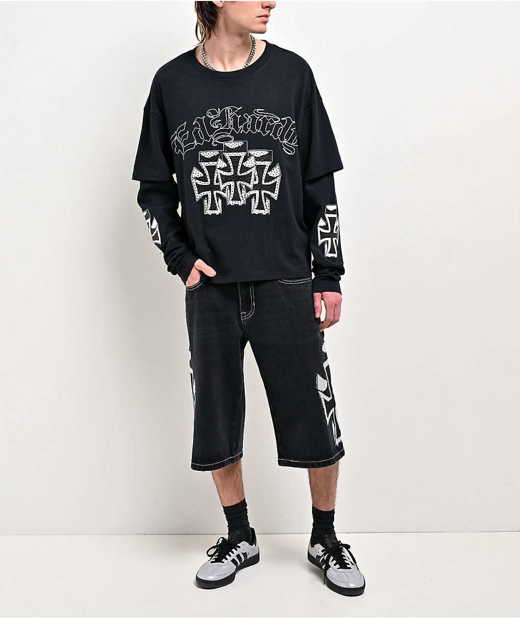 Ed Hardy Crosses Rhinestone Black 2fer Long Sleeve T-Shirt