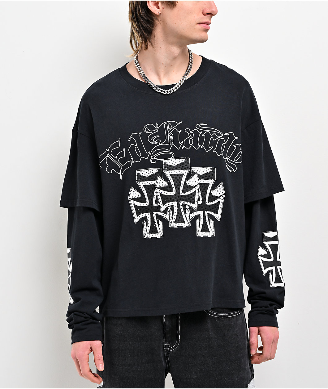 Ed Hardy Crosses Rhinestone Black 2fer Long Sleeve T-Shirt