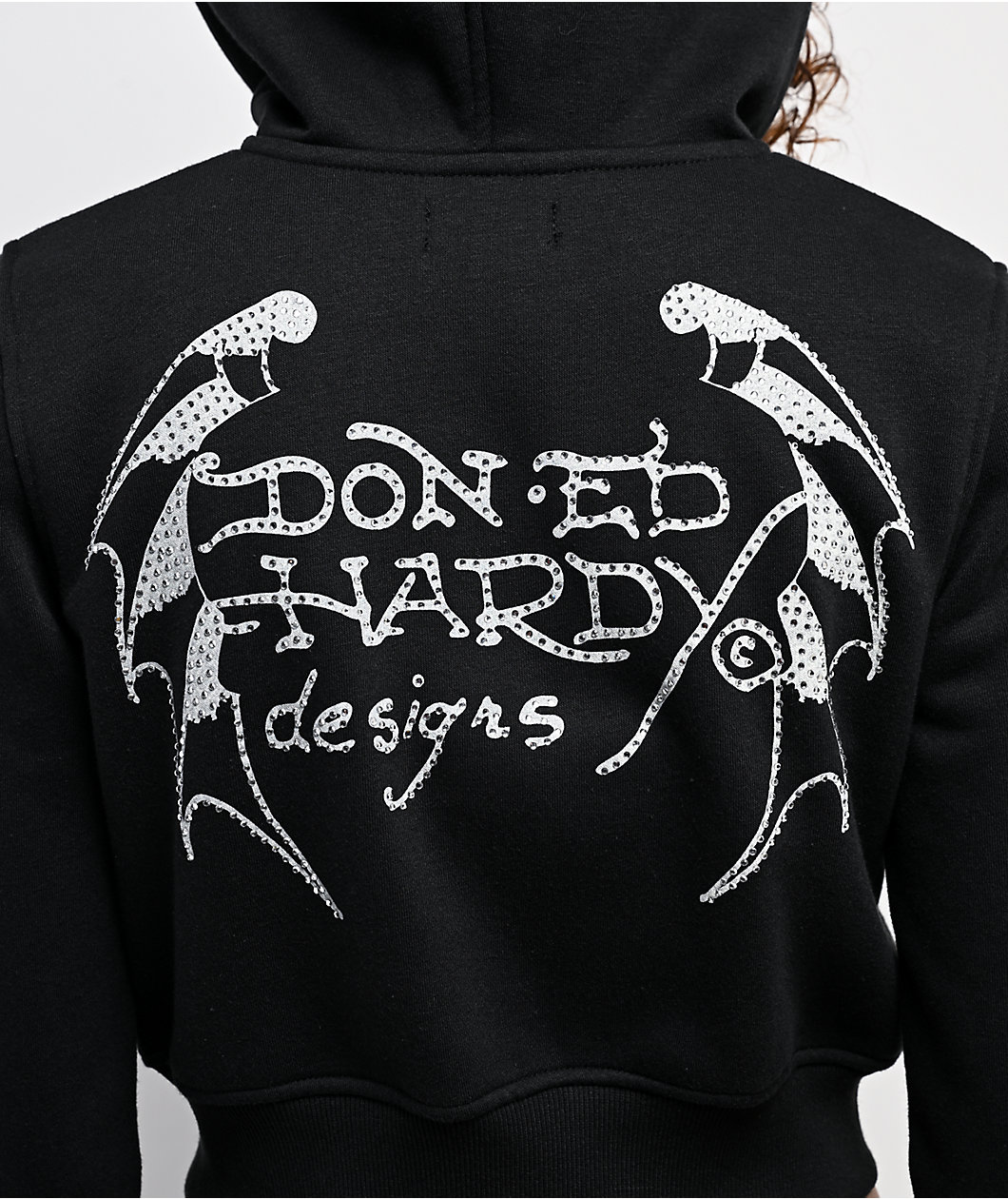 Ed Hardy Crosses Rhinestone Black Crop Zip Hoodie