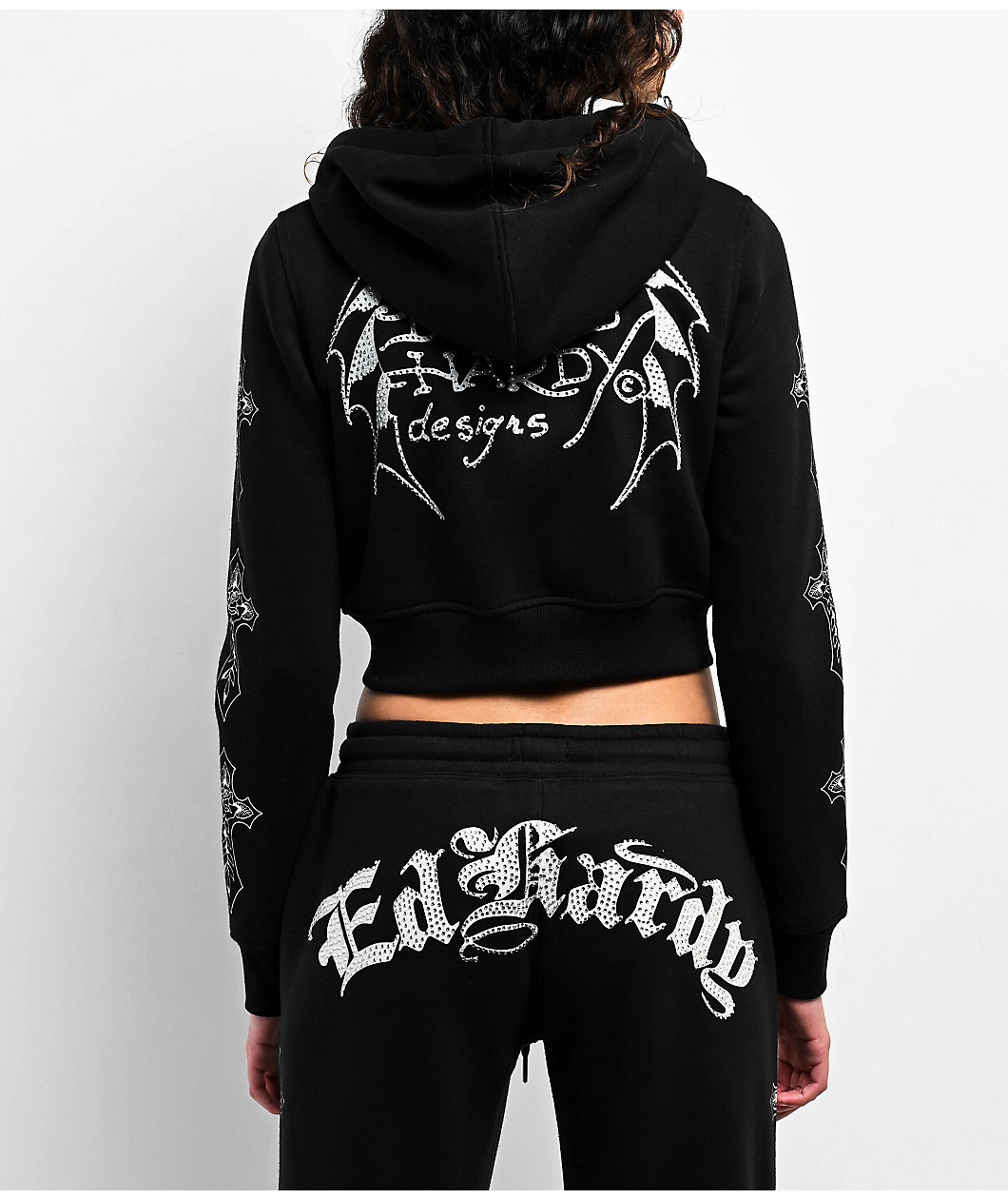 Ed Hardy Crosses Rhinestone Black Crop Zip Hoodie