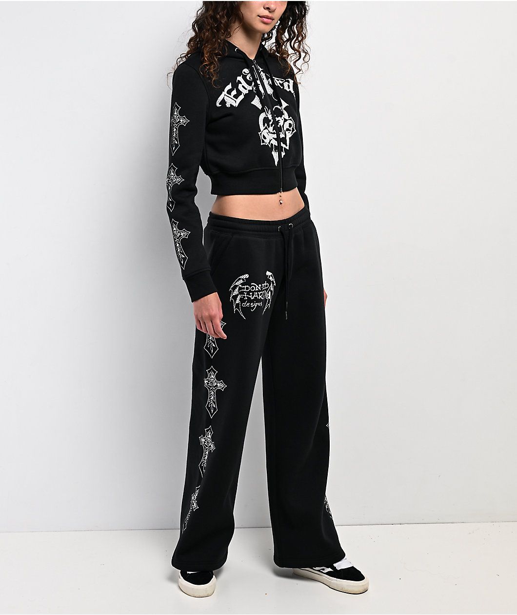 Ed Hardy Crosses Rhinestone Black Wide Leg Sweatpants