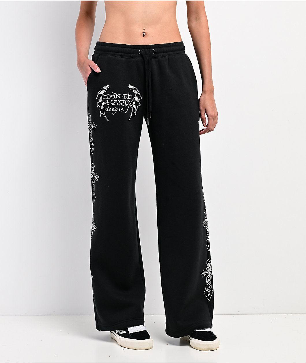 Ed Hardy Crosses Rhinestone Black Wide Leg Sweatpants