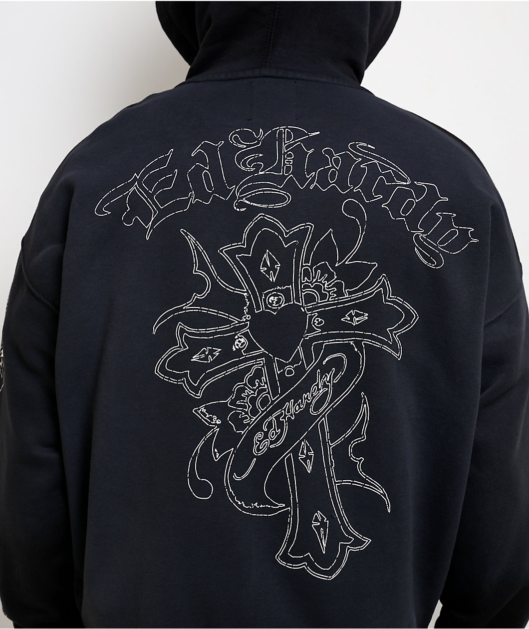 Ed Hardy Crosses Sunfade Black Zip Hoodie