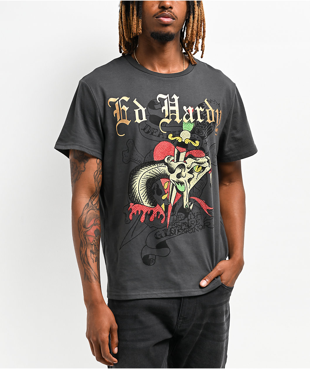 Ed Hardy Dagger Snake Rhinestone Black Wash T-Shirt