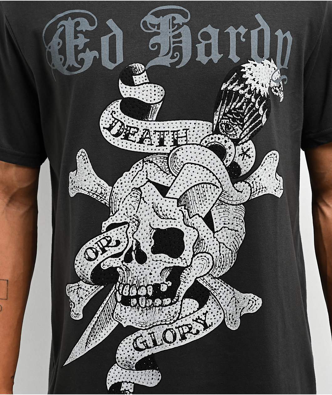 Ed Hardy Death Or Glory Skull Rhinestone Charcoal T-Shirt