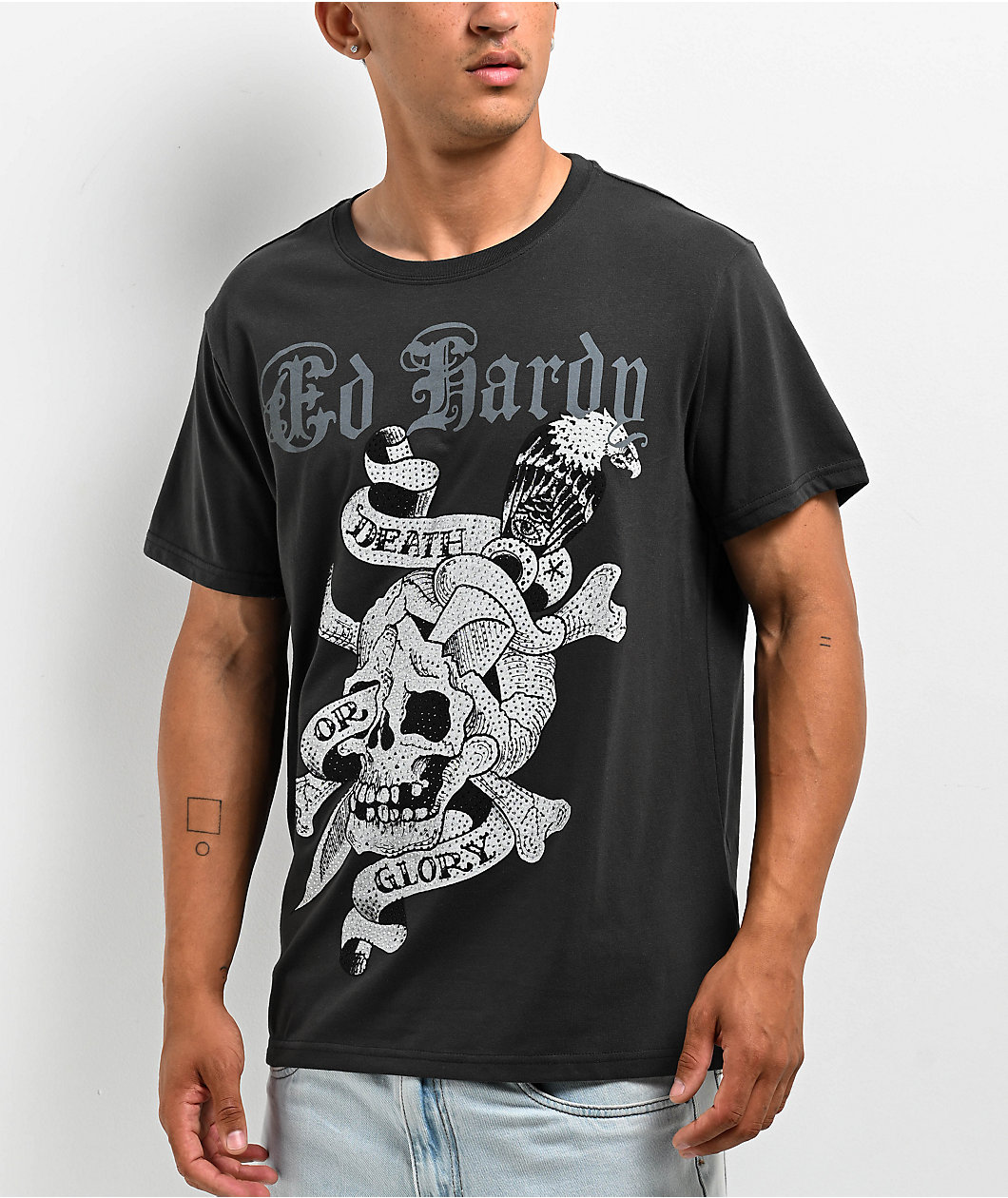 Ed Hardy Death Or Glory Skull Rhinestone Charcoal T-Shirt