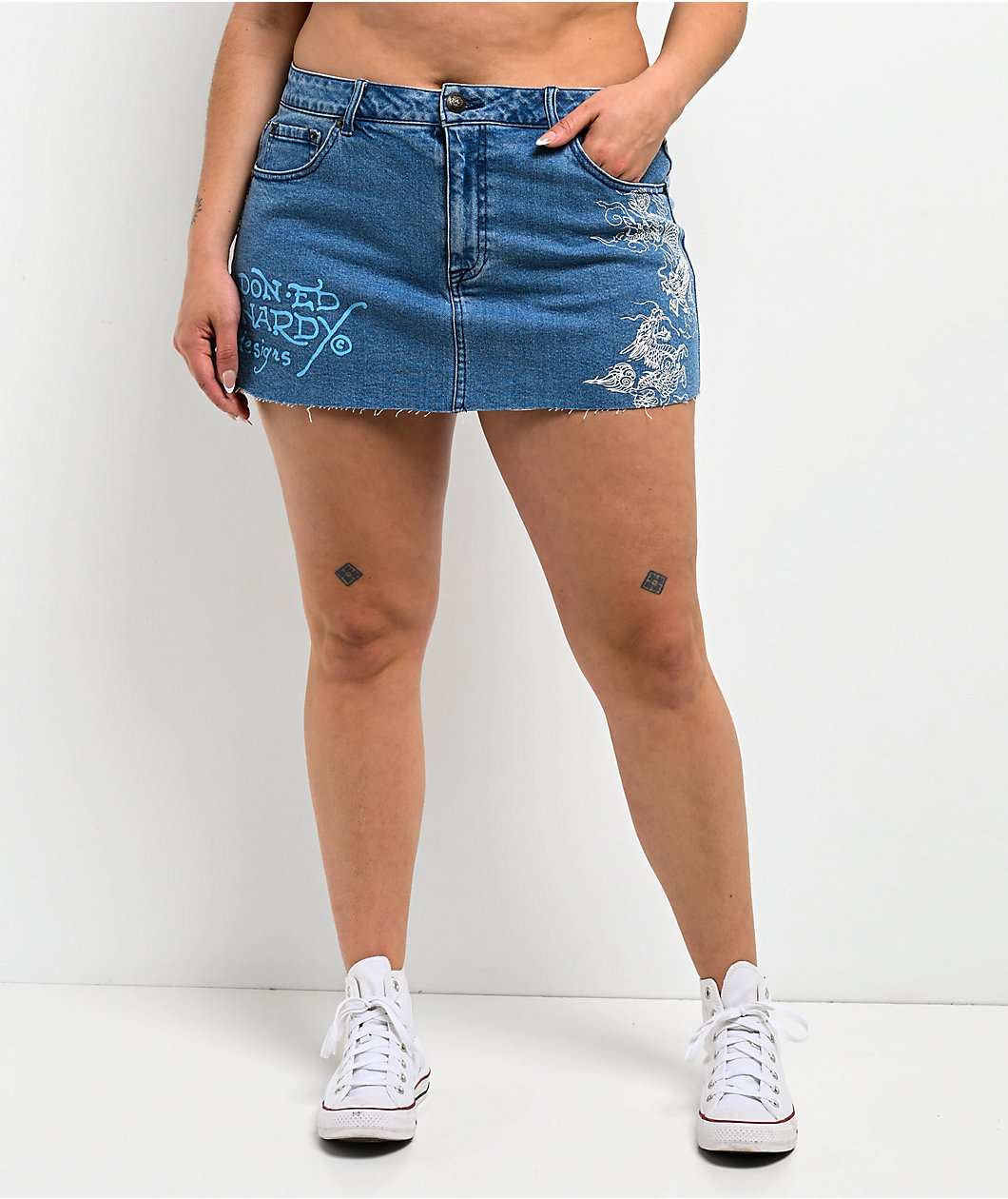 Ed Hardy Diamond Flower Blue Denim Cutoff Mini Skirt