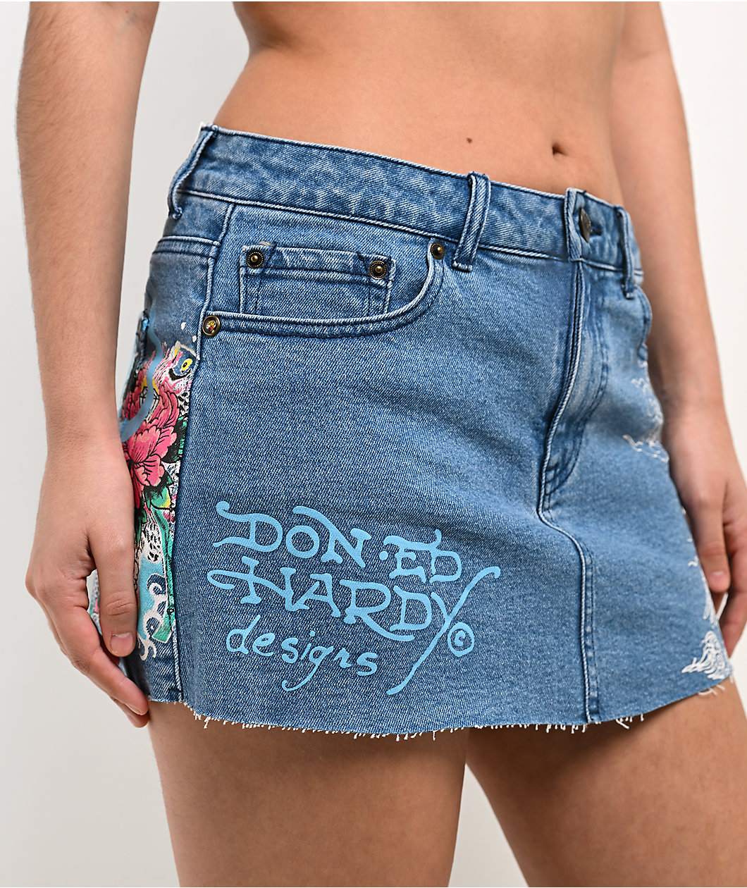 Ed Hardy Diamond Flower Blue Denim Cutoff Mini Skirt