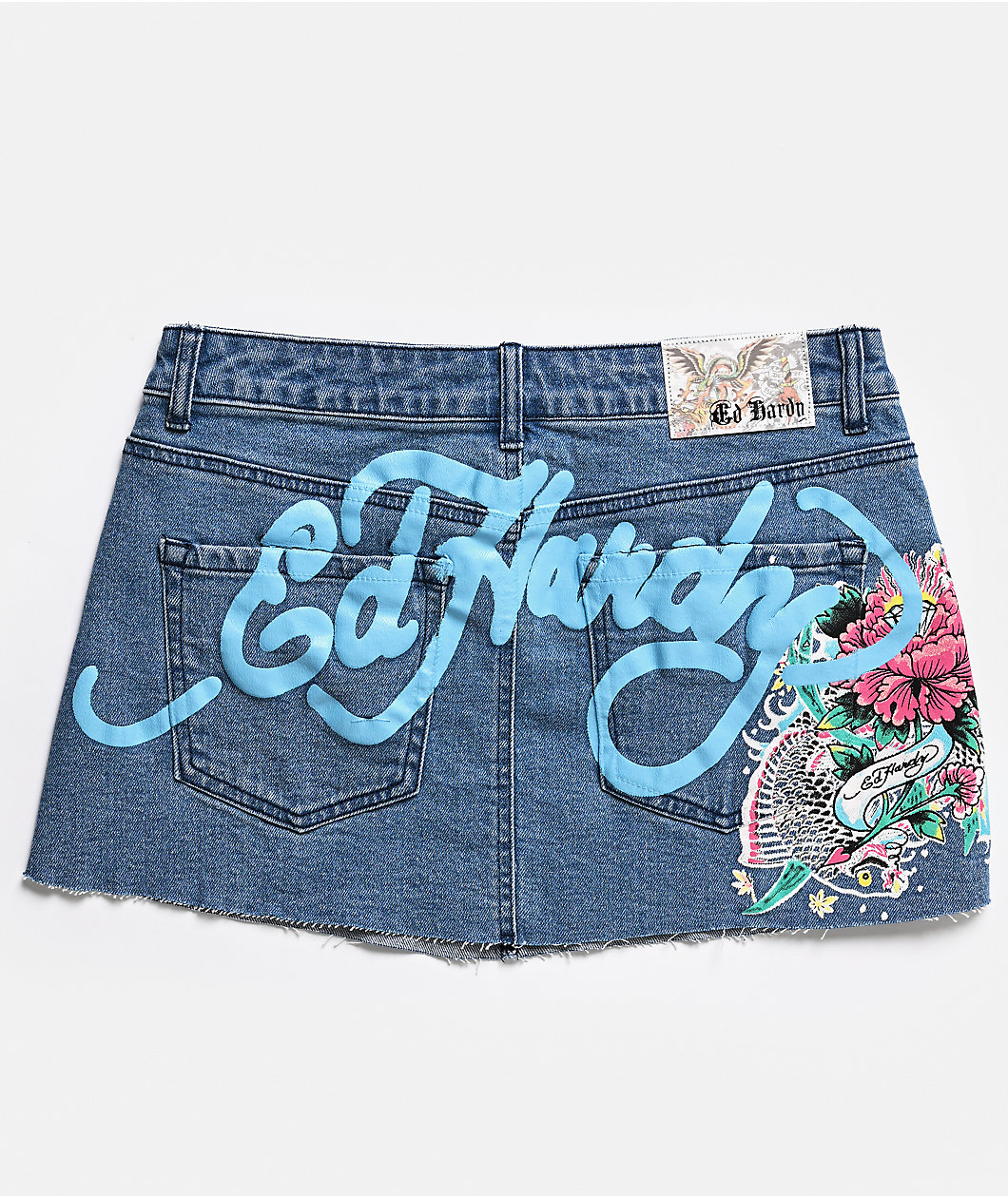 Ed Hardy Diamond Flower Blue Denim Cutoff Mini Skirt