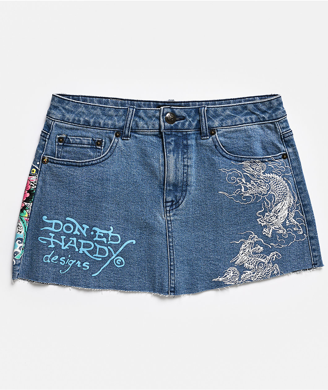 Ed Hardy Diamond Flower Blue Denim Cutoff Mini Skirt