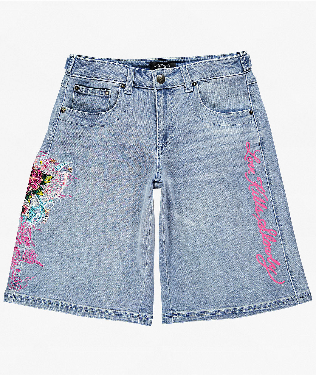 Ed Hardy Diamond Flower Light Wash Jean Shorts