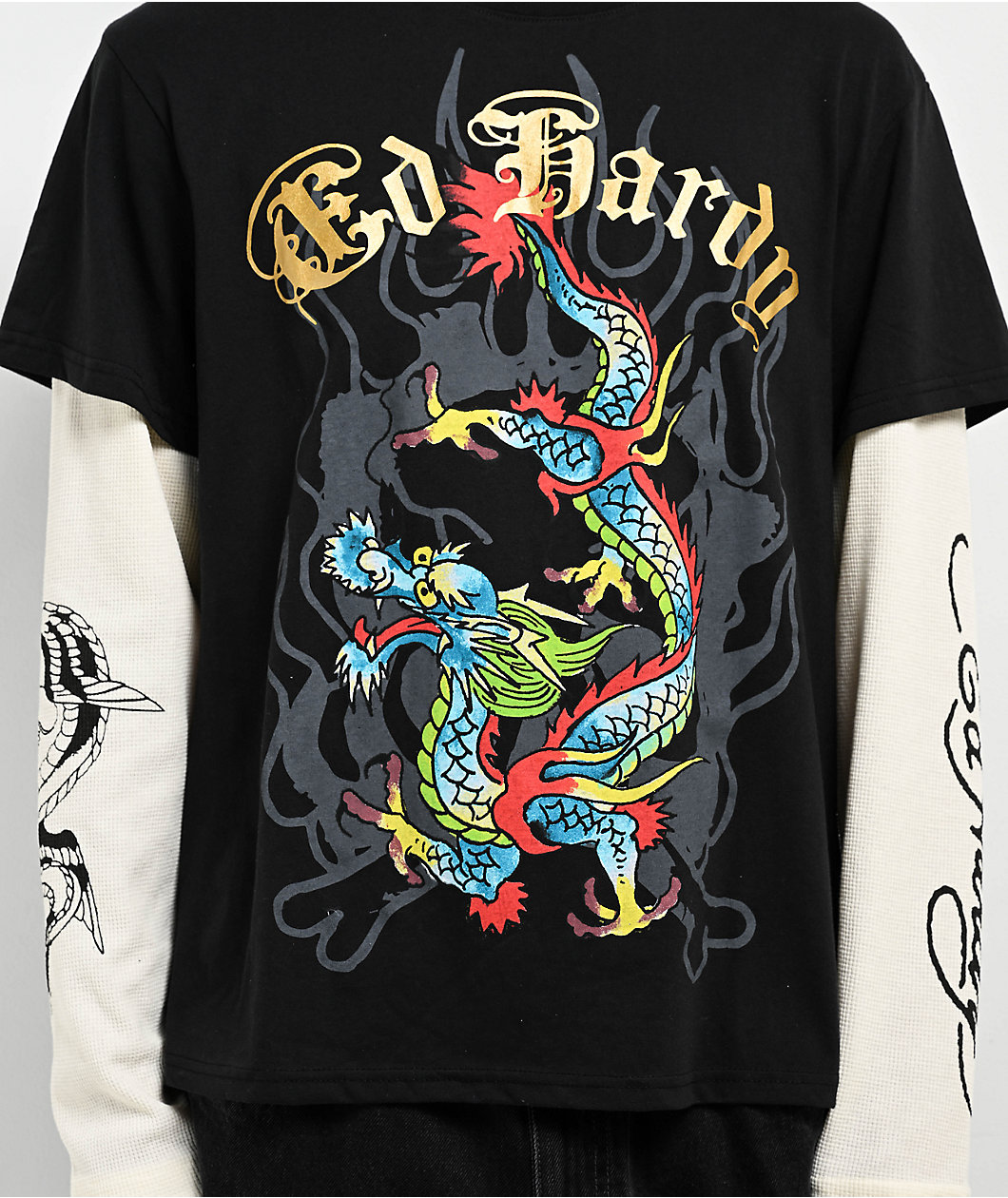 Ed Hardy Dragon Black & Cream 2fer Long Sleeve T-Shirt