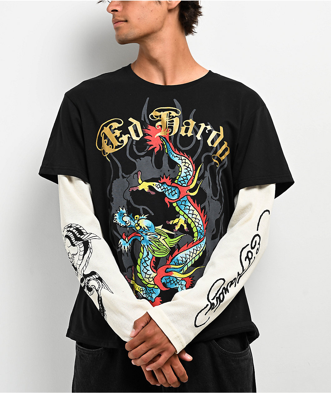 Ed Hardy Dragon Black & Cream 2fer Long Sleeve T-Shirt