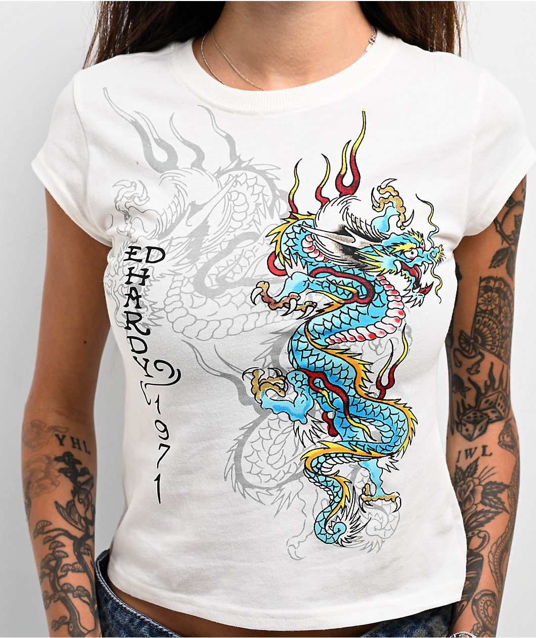 Ed Hardy Dragon Cap Sleeve Ivory Crop T-Shirt