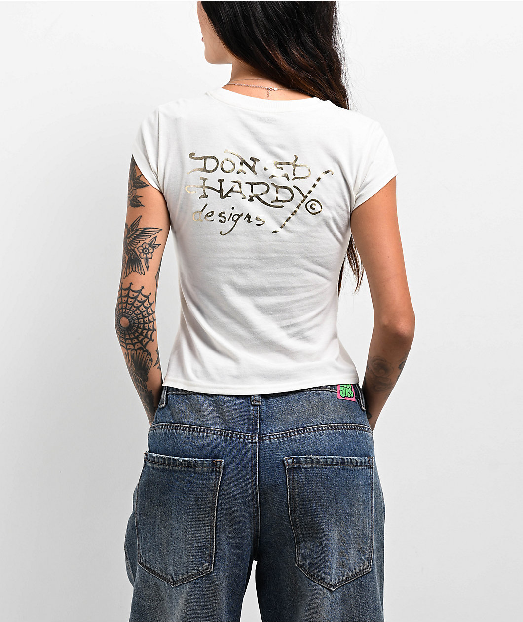 Ed Hardy Dragon Cap Sleeve Ivory Crop T-Shirt