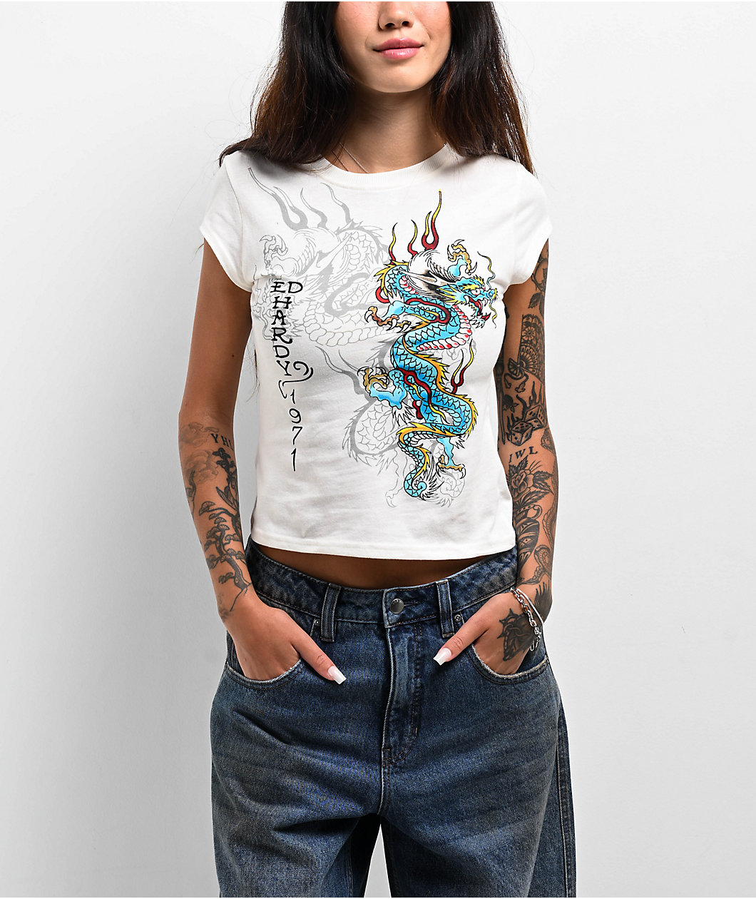 Ed Hardy Dragon Cap Sleeve Ivory Crop T-Shirt