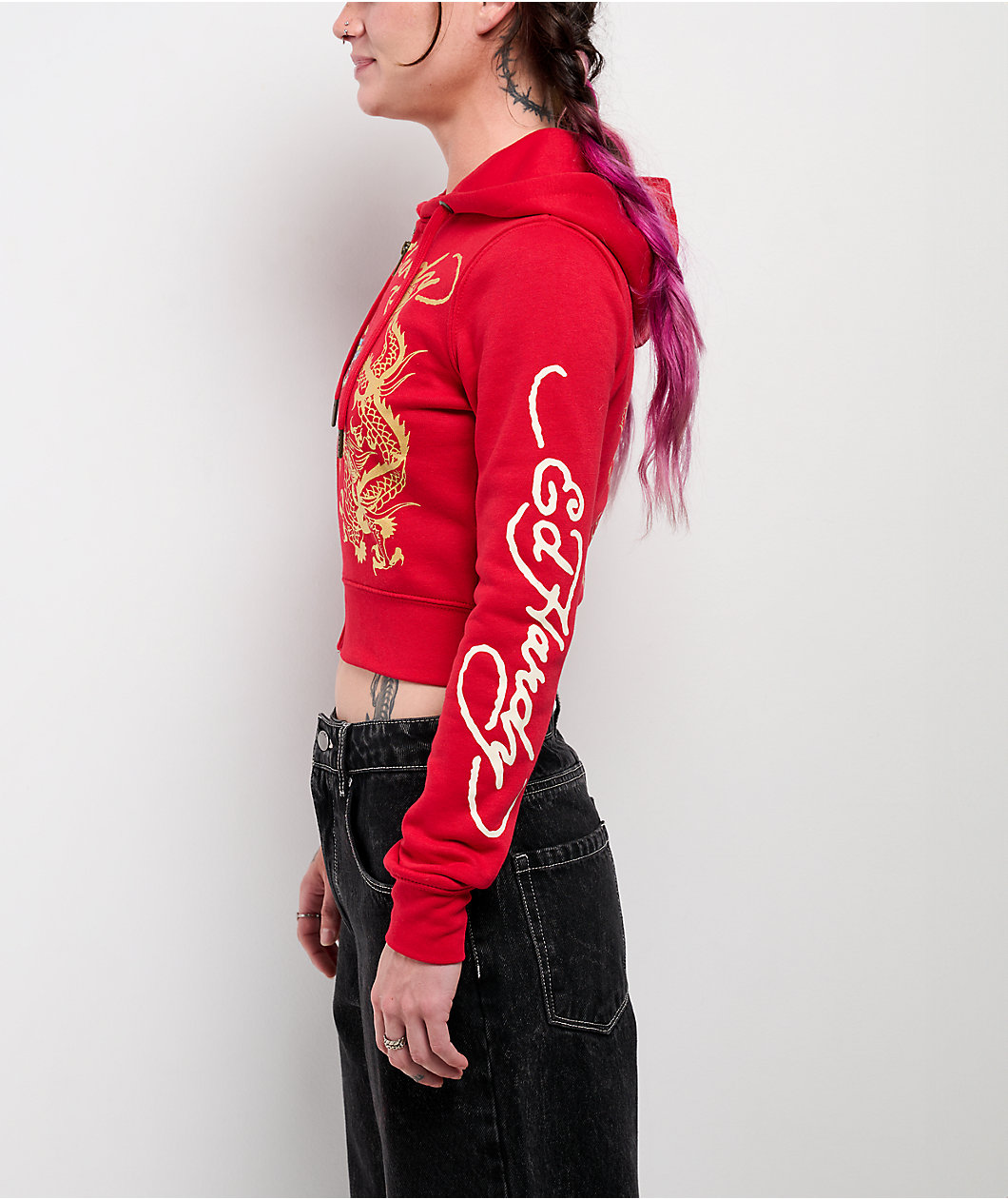 Ed Hardy Dragon Cherry Red Crop Zip Hoodie