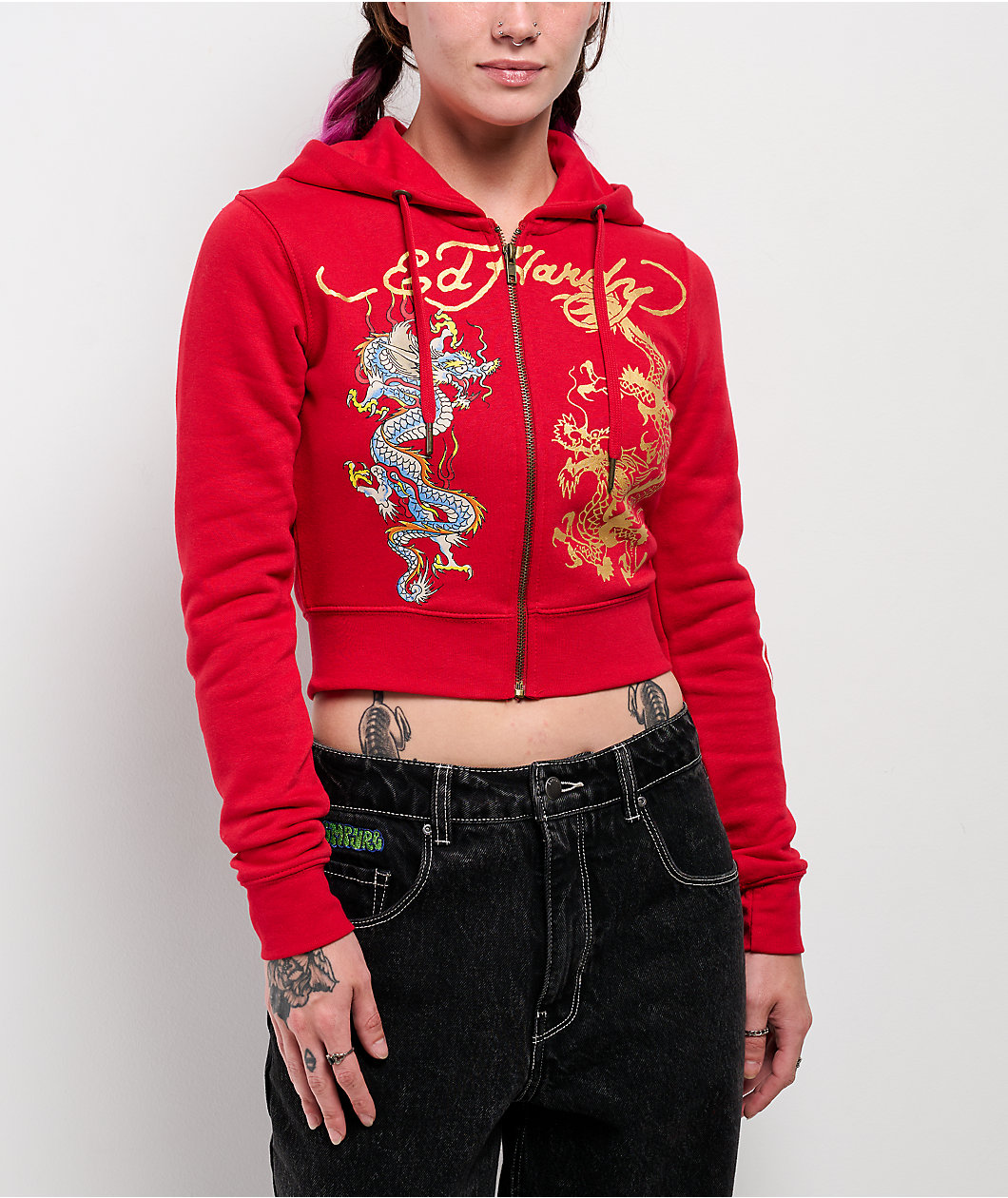 Ed Hardy Dragon Cherry Red Crop Zip Hoodie