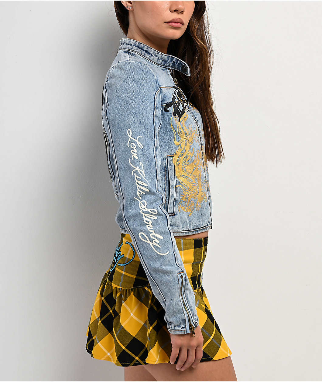 Ed Hardy Dragon Panther Blue Denim Moto Crop Jacket