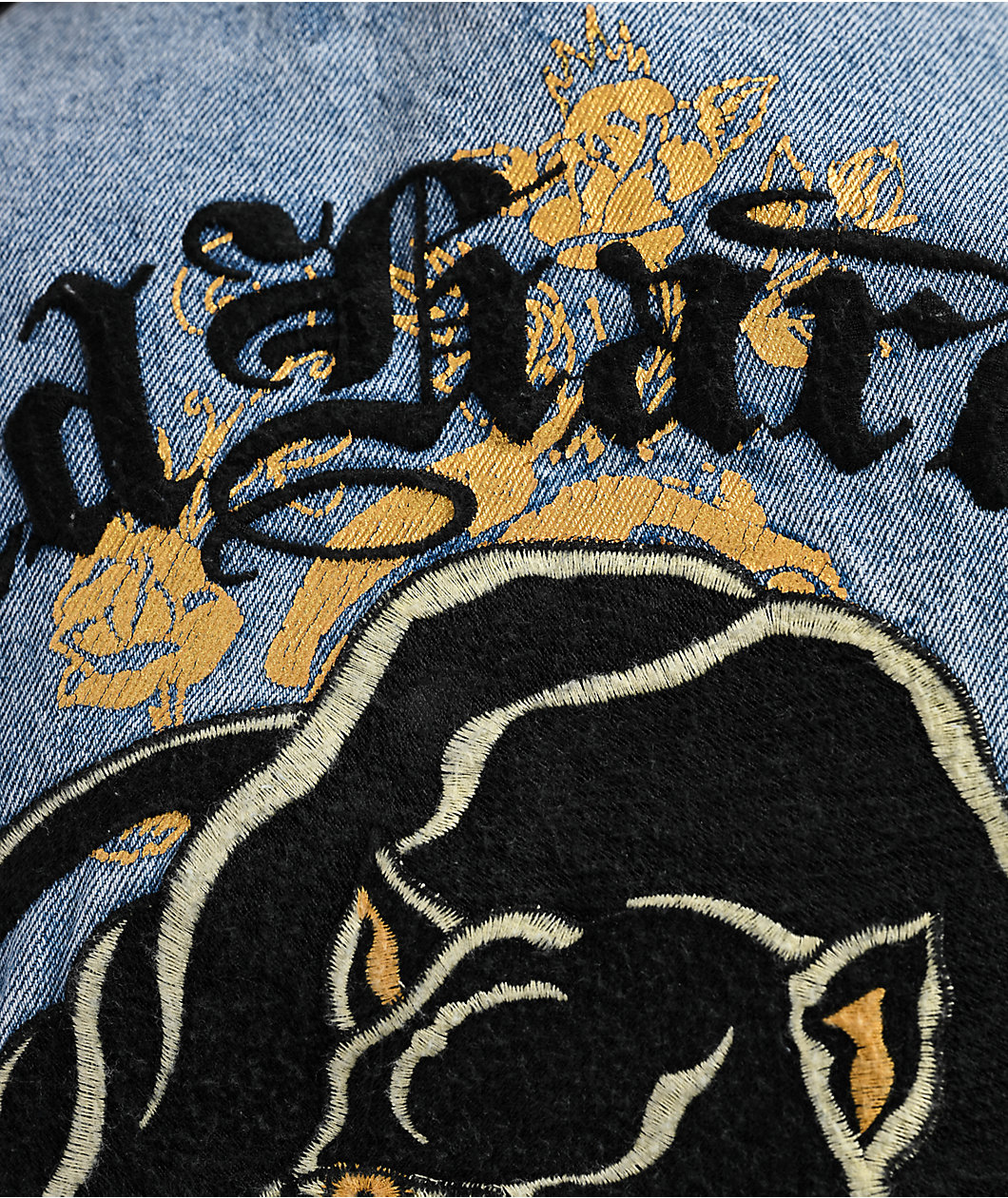 Ed Hardy Dragon Panther Blue Denim Moto Crop Jacket