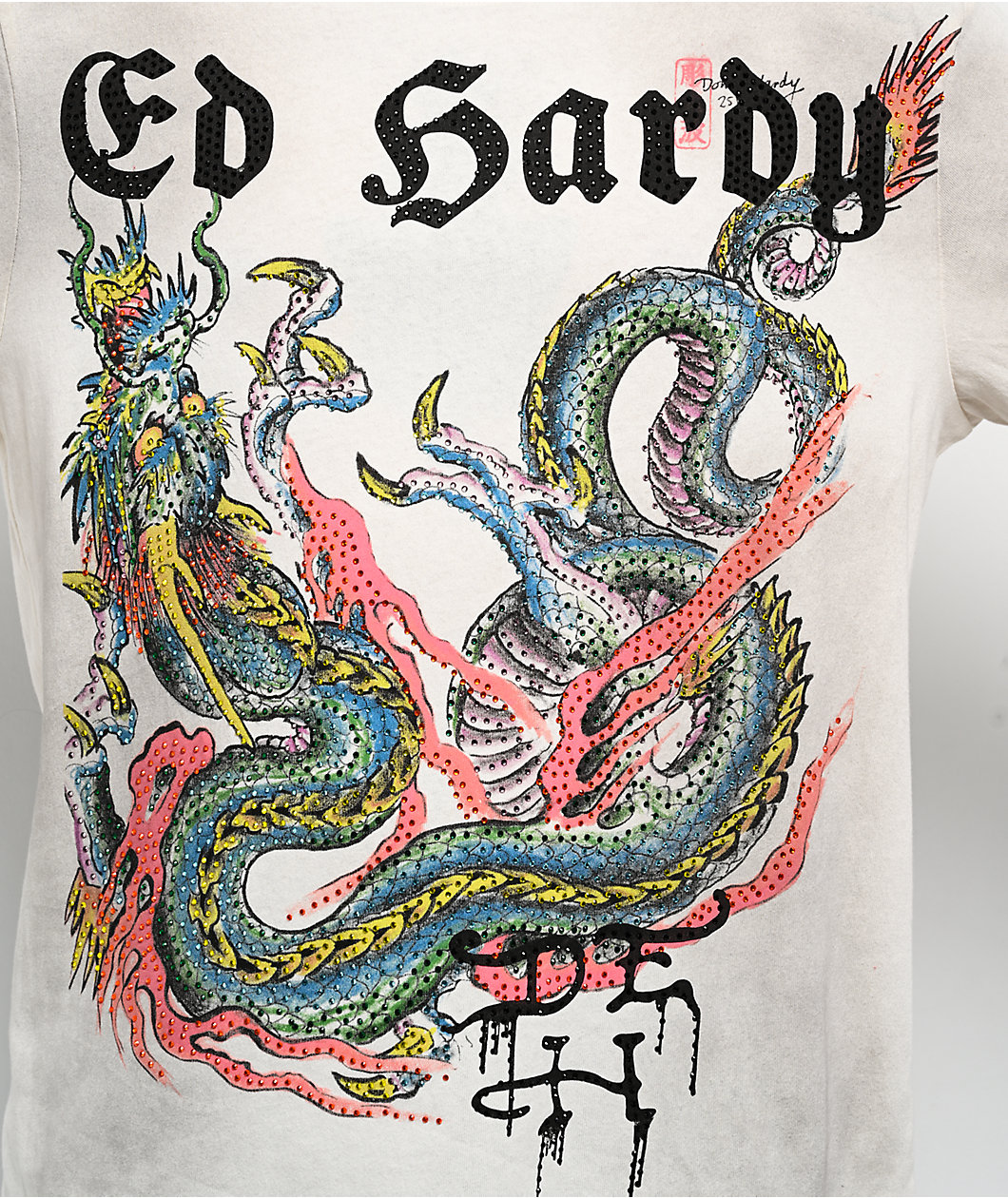 Ed Hardy Dragon Rhinestone Ivory Long Sleeve T-Shirt