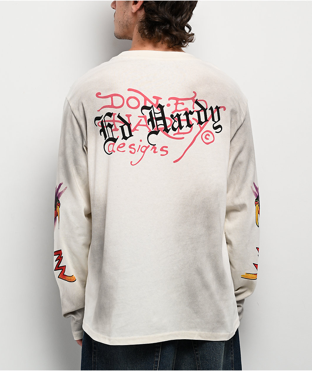 Ed Hardy Dragon Rhinestone Ivory Long Sleeve T-Shirt