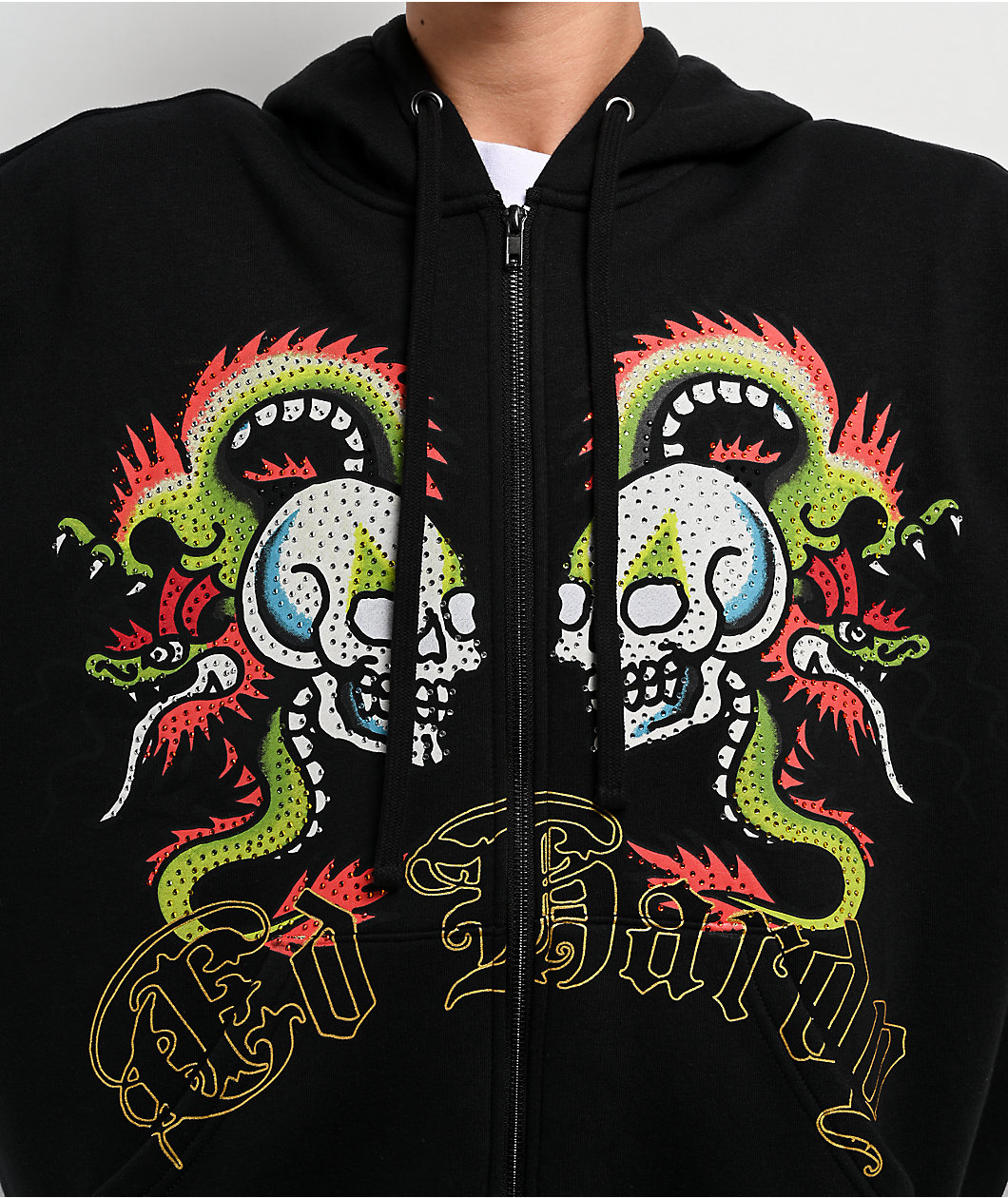 Ed Hardy Dragon Skull Rhinestone Black Zip Hoodie