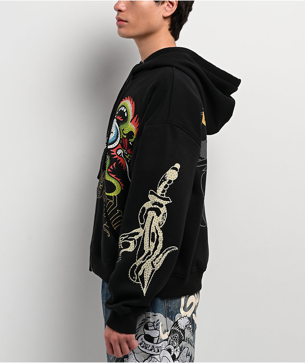 Ed Hardy Dragon Skull Rhinestone Black Zip Hoodie