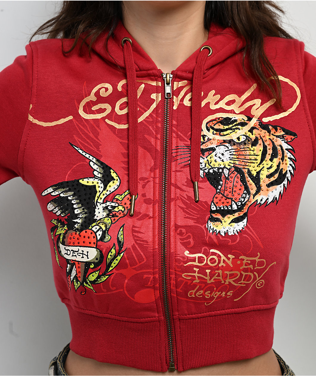Ed Hardy Eagle Tiger Red Crop Zip Hoodie