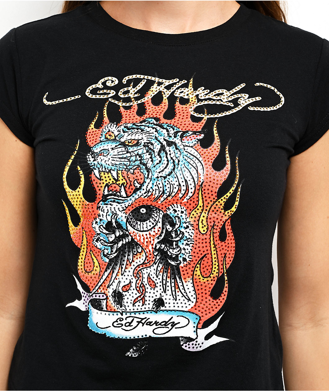 Ed Hardy Fire Tiger Rhinestone Black Cap Sleeve T-Shirt
