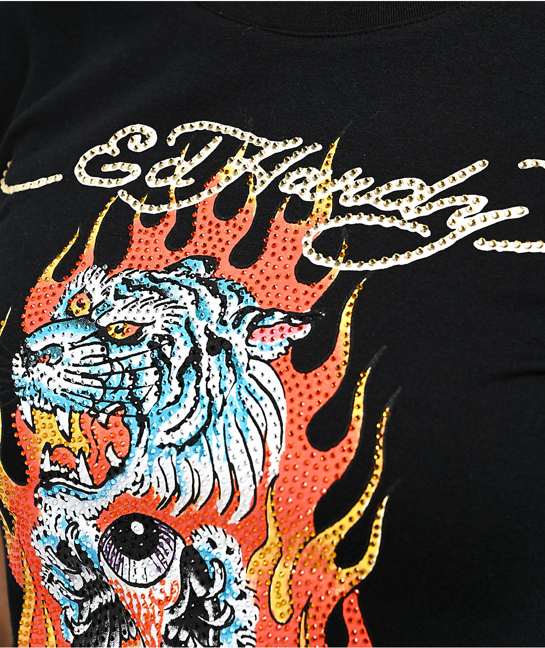 Ed Hardy Fire Tiger Rhinestone Black Cap Sleeve T-Shirt