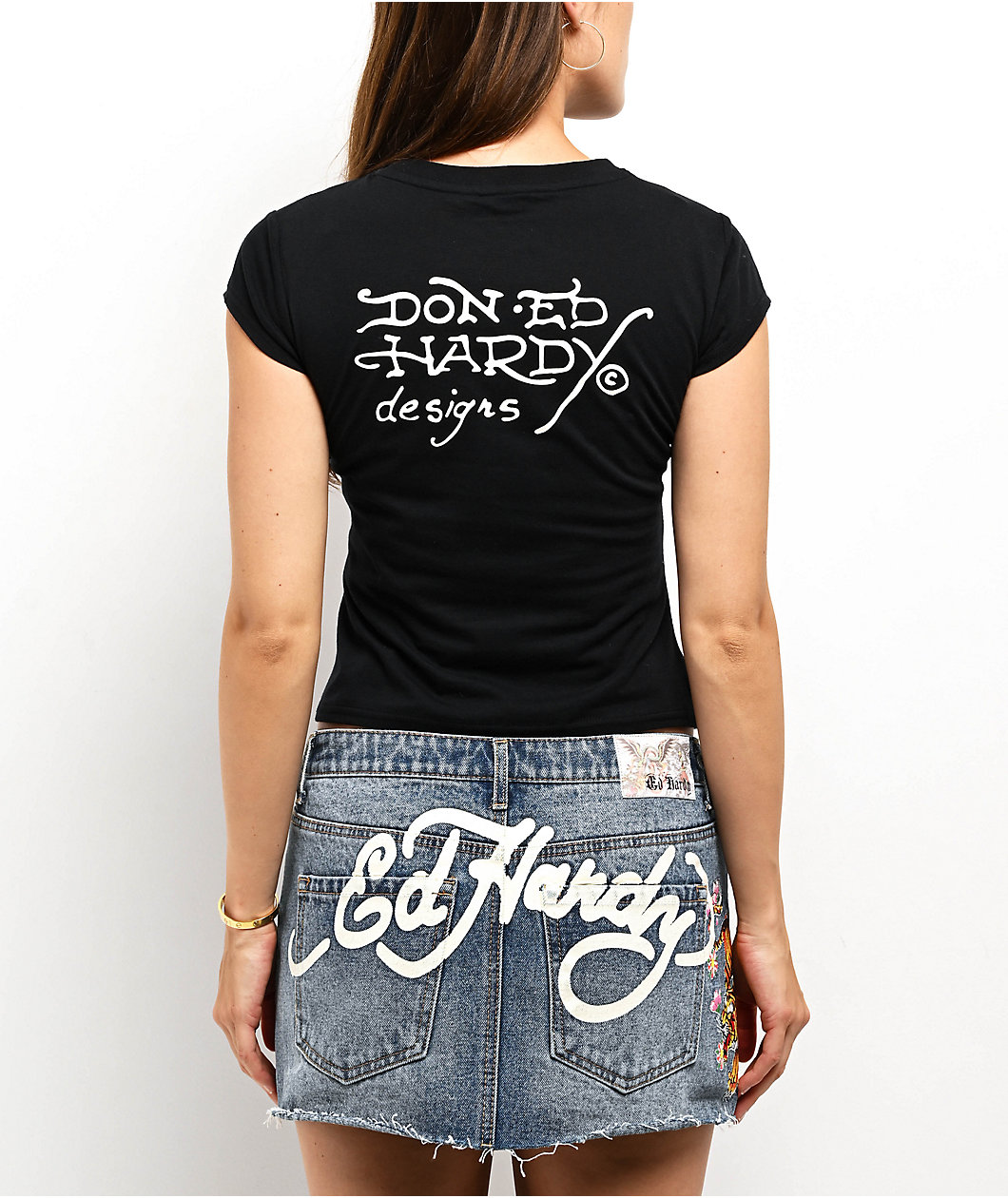 Ed Hardy Fire Tiger Rhinestone Black Cap Sleeve T-Shirt