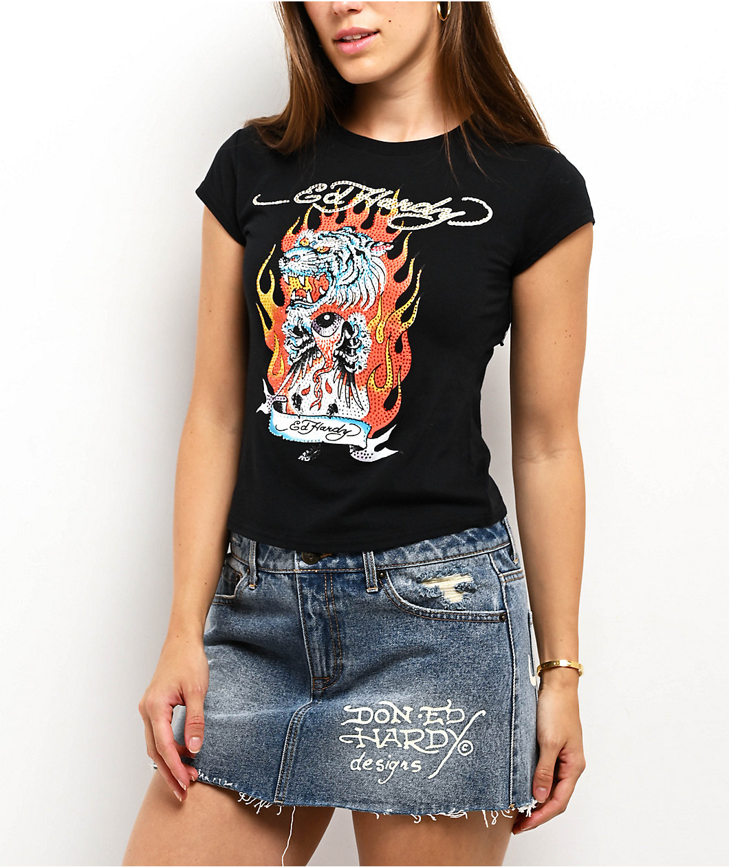 Ed Hardy Fire Tiger Rhinestone Black Cap Sleeve T-Shirt