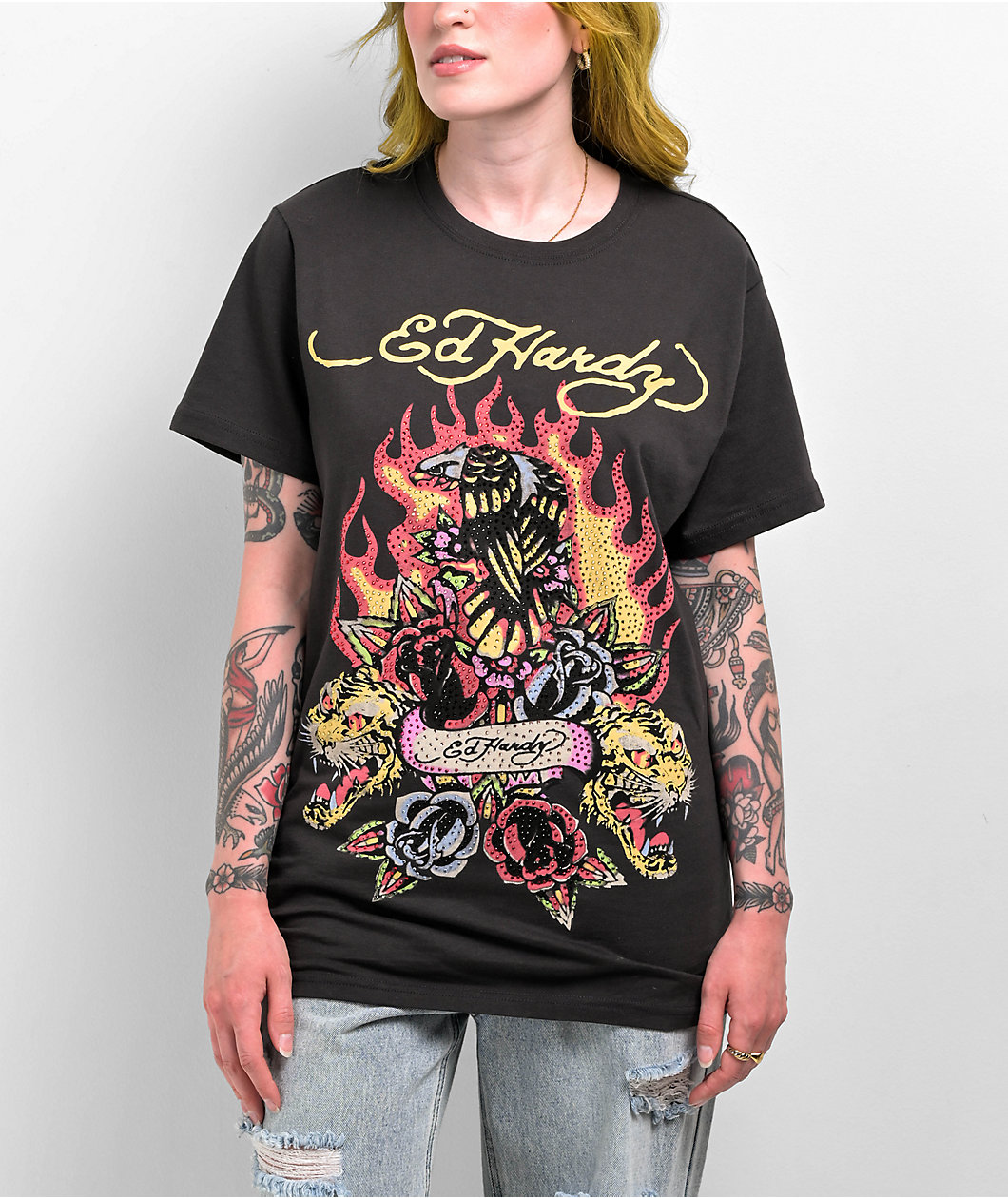 Ed Hardy Firebird Rhinestone Black T-Shirt