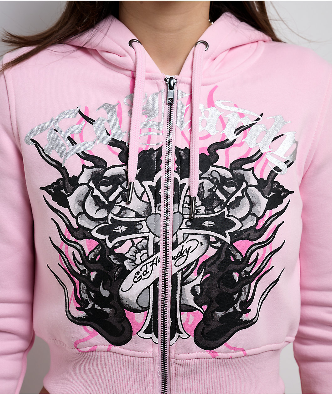 Ed Hardy Flame Cross Pink Ballerina Crop Zip Hoodie