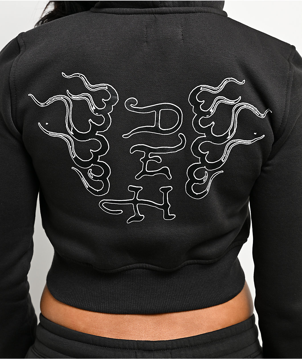 Ed Hardy Flame Cross Y2K Faux Fur Black Crop Zip Hoodie