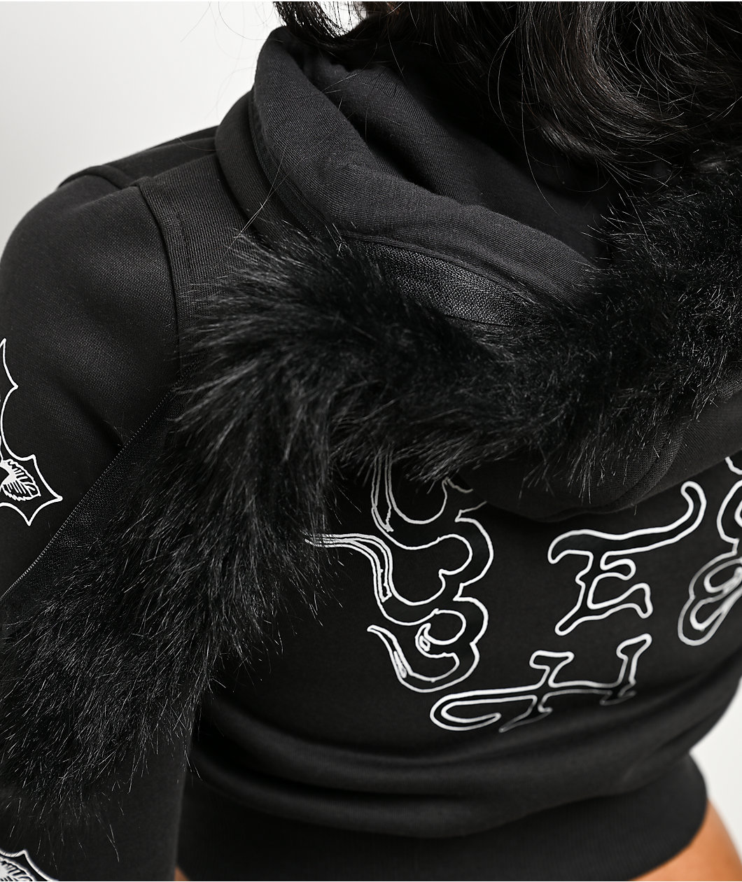 Ed Hardy Flame Cross Y2K Faux Fur Black Crop Zip Hoodie